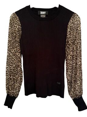 DKNY Women's Sweater Size Small Black Ribbed Sheer Leopard Long Sleeve Top